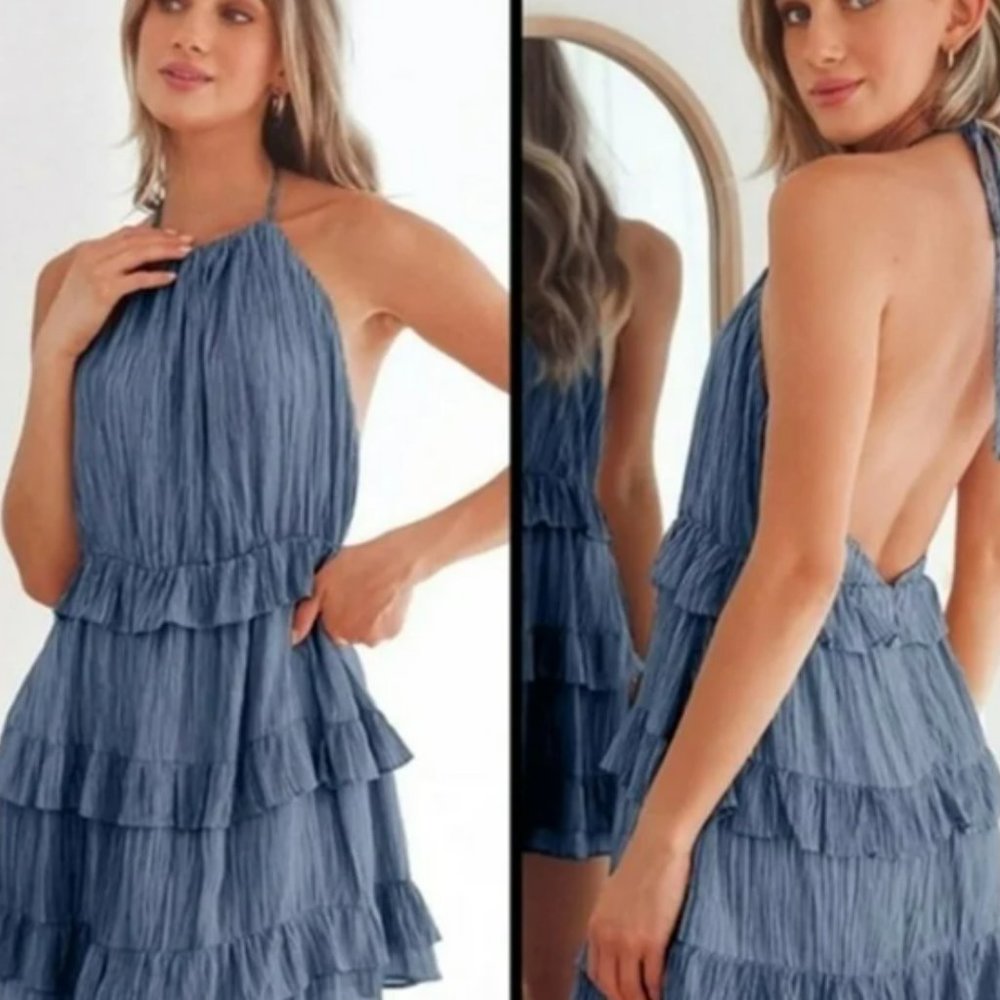 Lulus Downright Darling Light Blue Ruffled Halter Dress